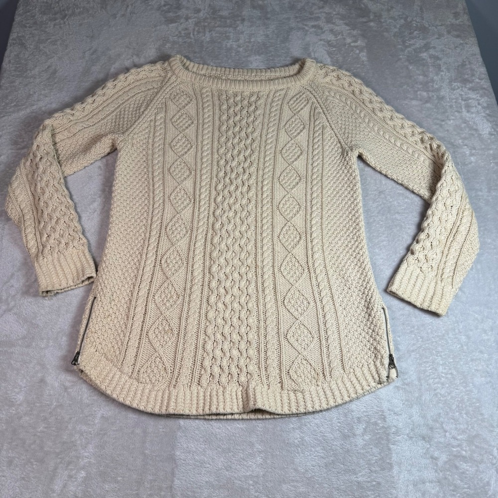 LL Bean Signature Women's M Cream 100% Cotton Cable Knit Side Zip Sweater S